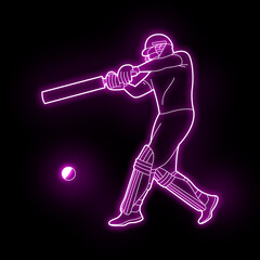 Cricket player neon vector art green, blue, red. Cricket batsman neon art. Cricket Batsman, Neon light effect, full black background. 