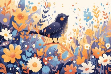 A blackbird in the sun, surrounded by flowers and clouds - obrazy, fototapety, plakaty