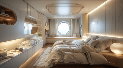 A comfort and privacy, with good natural light and ventilation, equipped with comfortable beds, personal storage cabinets. Generative AI.