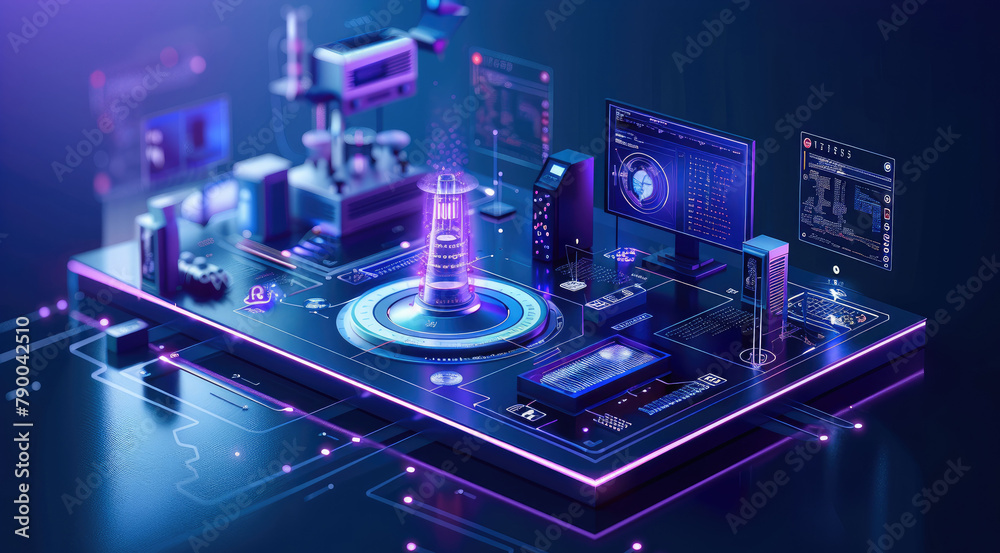 Poster Isometric illustration of an AI medical laboratory, There is tech equipment in the center, such as monitors displaying data or icons representing computer technology. Generative AI.