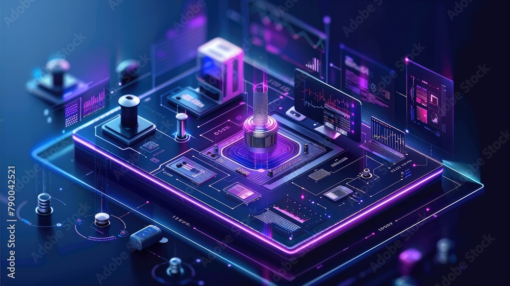 Poster Isometric illustration of an AI medical laboratory, There is tech equipment in the center, such as monitors displaying data or icons representing computer technology. Generative AI.