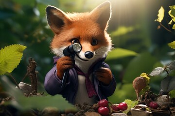 Fototapeta premium With a tiny magnifying glass perched on his nose, a curious fox, acting as a detective, sniffed out the culprit behind a series of missing berries, following a trail of paw prints and juicy clues