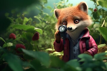 Fototapeta premium With a tiny magnifying glass perched on his nose, a curious fox, acting as a detective, sniffed out the culprit behind a series of missing berries, following a trail of paw prints and juicy clues