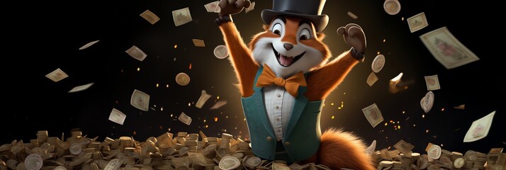Fototapeta premium With a twinkle in his eye and a mischievous grin, a cunning fox, disguised as a traveling salesman, peddled his wares shiny pebbles and colorful feathers to unsuspecting birds and squirrels