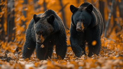 A pair of black bears foraging for food in a golden forest. Generative AI.