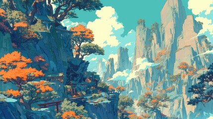 Obraz premium A vibrant cartoon scene unfolds before your eyes boasting lush trees towering mountains and vivid orange flowers