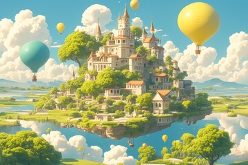 cartoon planet with flying hot air balloons, fantasy castles and a rocket in the sky background