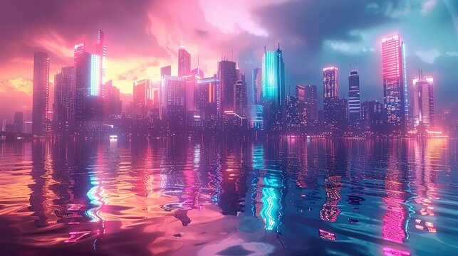 Explore the edge landscape of a futuristic city skyline, where neon lit skyscrapers mirror their brilliance in the rippling surface of a colorful river. Generative AI.