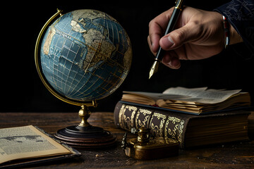 Press Freedom Concept - man hand writing in diary on background Globe
