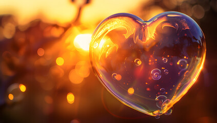 A heart shape soap bubble floating with sunset on background. - obrazy, fototapety, plakaty