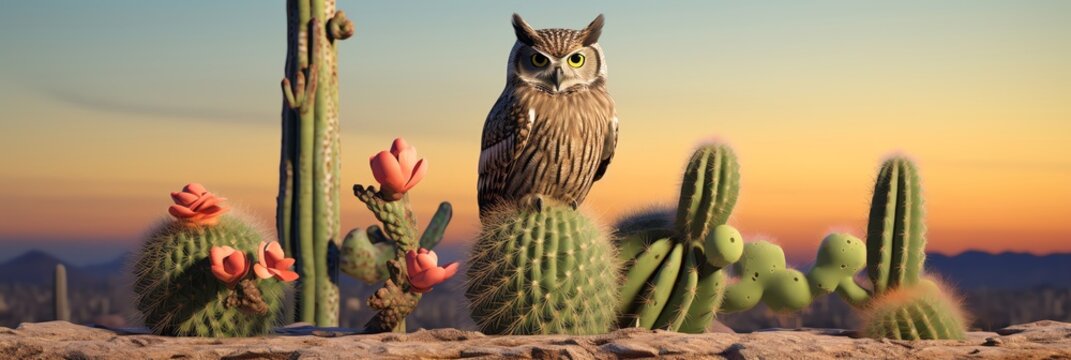 A beautiful sunset in the desert with an owl perched on a cactus