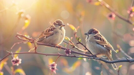 Two birds are sitting on a branch on a spring day