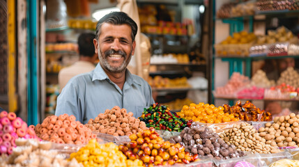 Smiling man selling a vibrant assortment of sweets at a market stall, showcasing a variety of colors and shapes.