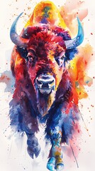 Colorful bison head portrait vertical design in watercolor