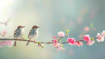 Two birds are sitting on a branch on a spring day - obrazy, fototapety, plakaty