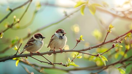 Two birds are sitting on a branch on a spring day
