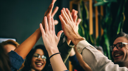 Team members celebrating a successful resolution with high fives and smiles. Compassion, help,...