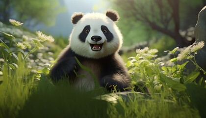 Fototapeta premium A cute panda is sitting in a lush green field of flowers and eating bamboo. The sun is shining brightly and the panda is smiling.