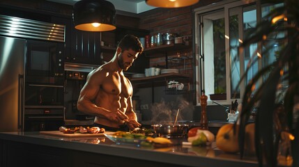 Muscular man preparing food in the kitchen at home. Muscular man in the kitchen.