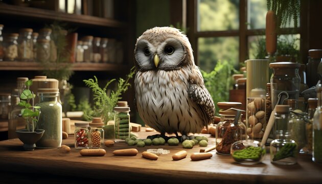 A cute owl sits on a table in an alchemist's laboratory, surrounded by potions and ingredients.