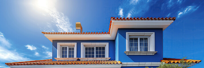 roof of house is covered with modern orange tiles against blue sky background