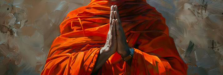 An Indian monk in orange robes with hands clasped in a gesture of prayer, emanating peaceful contemplation.