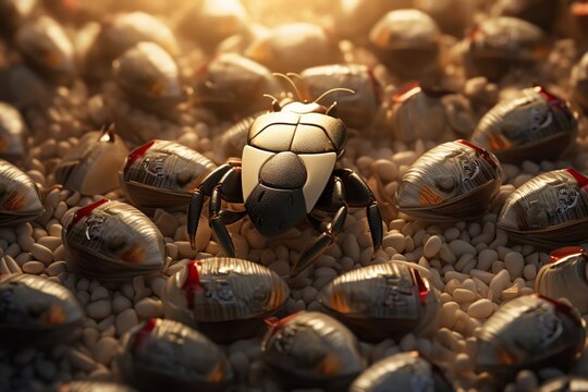 A golden scarab beetle stands out from the crowd of silver beetles.