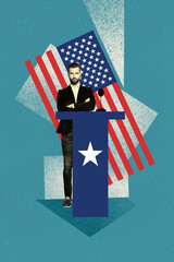 Vertical photo collage of serious man nominee president usa flag stage nation democracy election...