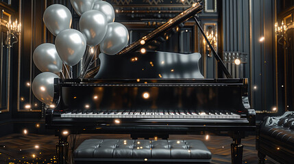 Black closed piano with black shine color, decorated balloons bouquet silver and black on a luxury...