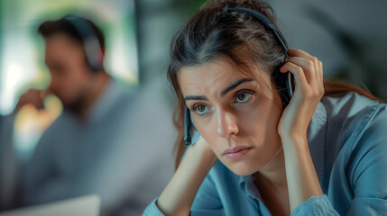 A call center agent showing empathy and understanding towards a frustrated customer. Compassion, help, professionalism, team