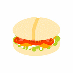 Big burger with panini wheat bun, chicken cutlet, fresh tomato, salad leaf, cheese and mayo sauce icon in cartoon flat style. Vector illustration isolated on white background. For menu, poster.