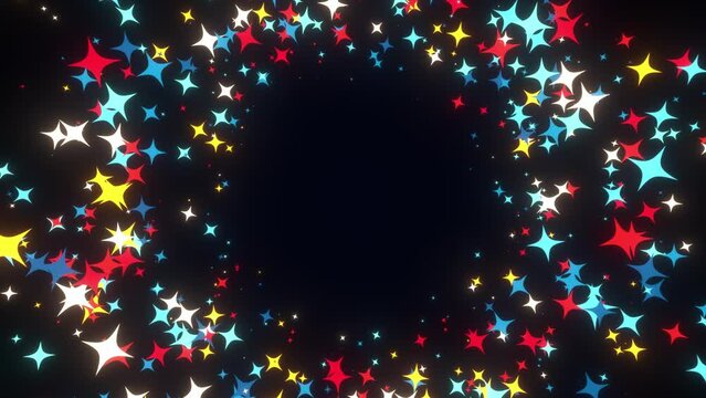 Sparkling stars effect animated background. Twinkling stars animation, colored cartoon, flat, doodles style stars blinking, glitter on black background, night sky. Neon retro 80s style neon stars