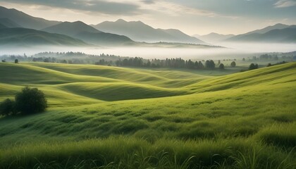 A lush green meadow with rolling hills and mountains in the background, shrouded in mist