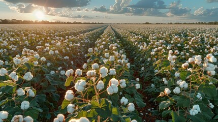 Cotton farm during harvest season. Field of cotton plants with white bolls. Sustainable and eco-friendly practice on a cotton farm. Organic farming. Generative AI. - obrazy, fototapety, plakaty