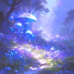 Fototapeta na wymiar Ethereal Wonderland: Enchanted Trail in a Mystical Woodland with Radiant Plants and Glowing Fungi