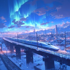 High-speed train on futuristic tracks during a magical snowy day. A fusion of advanced technology and natural beauty.