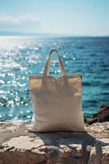 Blank eco cotton bag background of summer seaside generated.Ai