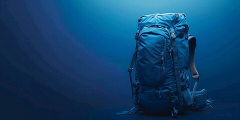 Deep blue banner highlighting a rugged backpack on the side, allowing for copy space.