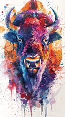 Artistic watercolor bison portrait design in colorful. Wild animal buffalo drawing