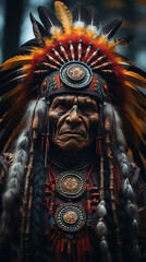 Native american indian chief with traditional headdress and feathers.