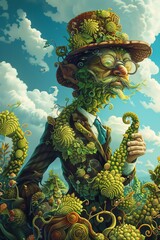 Whimsical botanist character in clipart tending to a garden of bizarre - obrazy, fototapety, plakaty