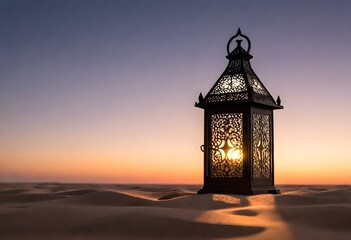 A decorative lantern with intricate metalwork and glass panels, standing on a sandy surface against a hazy, sunset sky with a crescent moon - obrazy, fototapety, plakaty