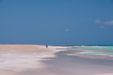 coast of an island in the Indian Ocean. Emerald water, pristine beaches, wild rocky shores. The figure of a tourist in the distance. Amazing landscape. Yemen. Socotra.