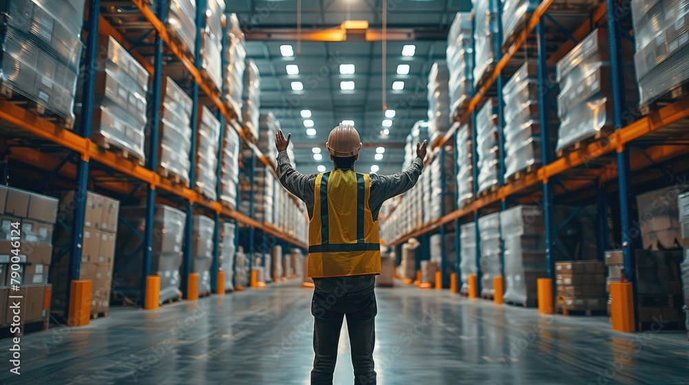 Poster Warehouse worker standing back. He is located in the center of the frame. Generative AI.