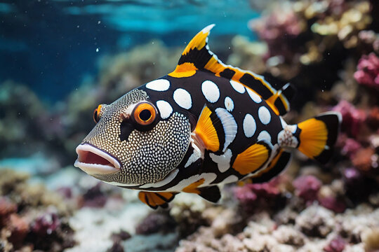 Clown triggerfish Swimming in Coral Reef Ecosystem, Close-up