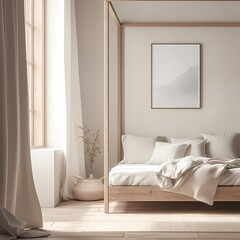 Elegant Bedroom Setting with Wooden Canopy Bed and Pastel Decor for Modern Lifestyle Imagery