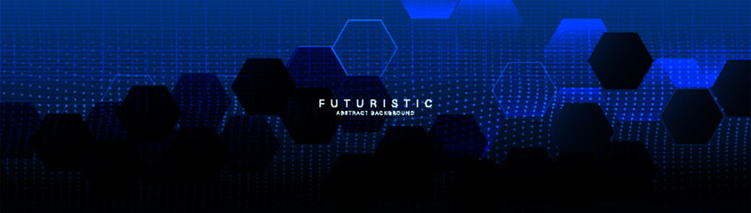 Abstract blue hexagon background. Futuristic digital hi-technology horizontal banner. Vector