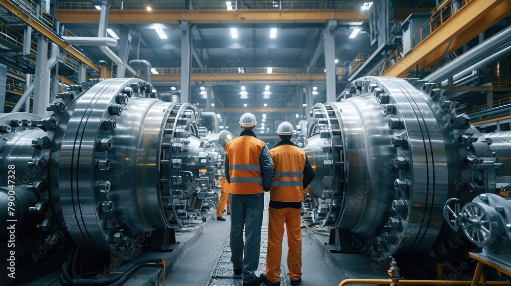 Aufkleber team of maintenance workers inspecting a massive industrial machine with meticulous precision at fac