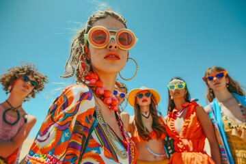Un groupe en vêtements colorés et accessoires excentriques lors d'un festival d'été