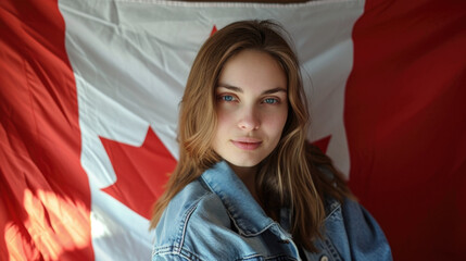 Beautiful girl in front of a flag of the Canada